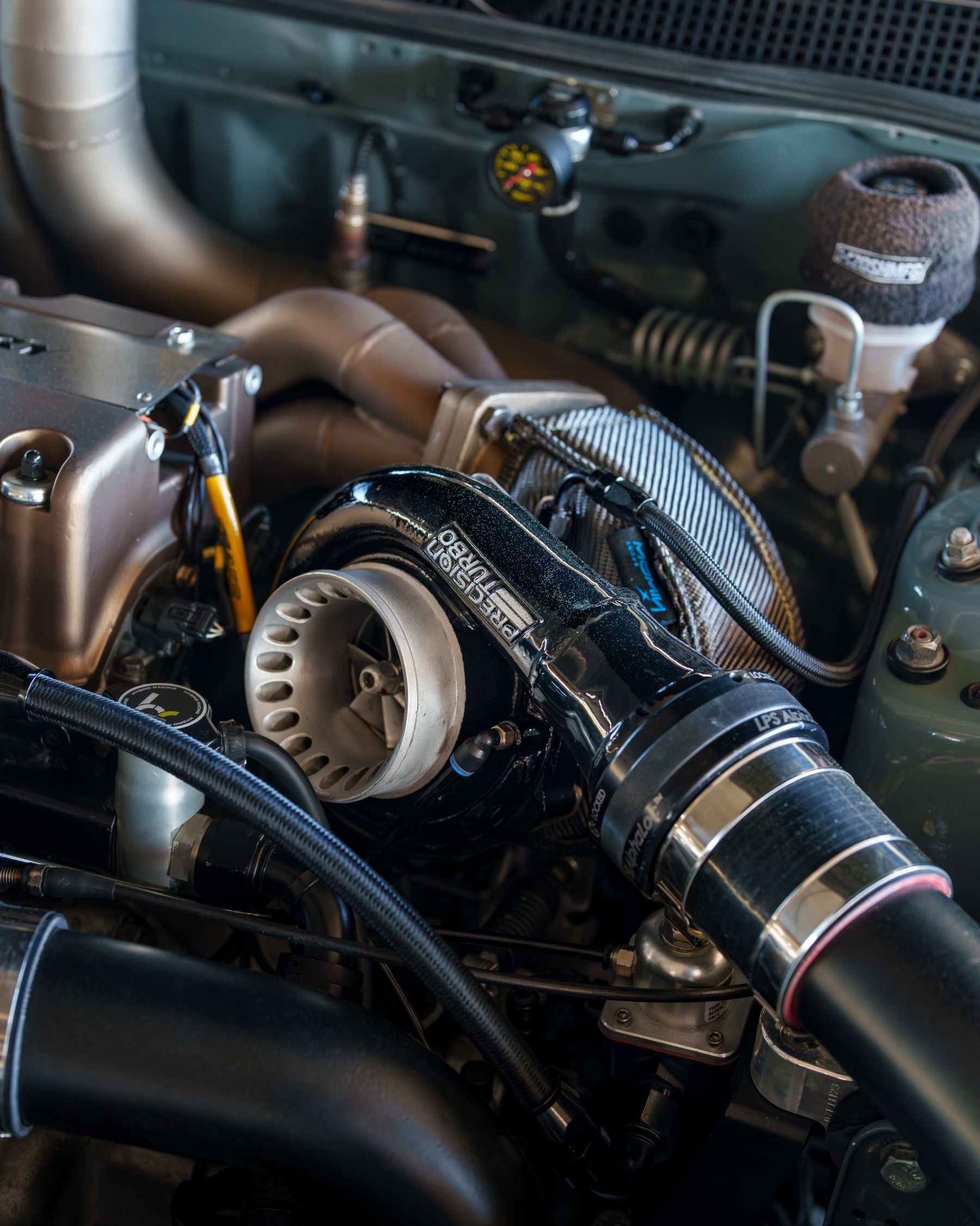 Close-up of a turbocharged engine